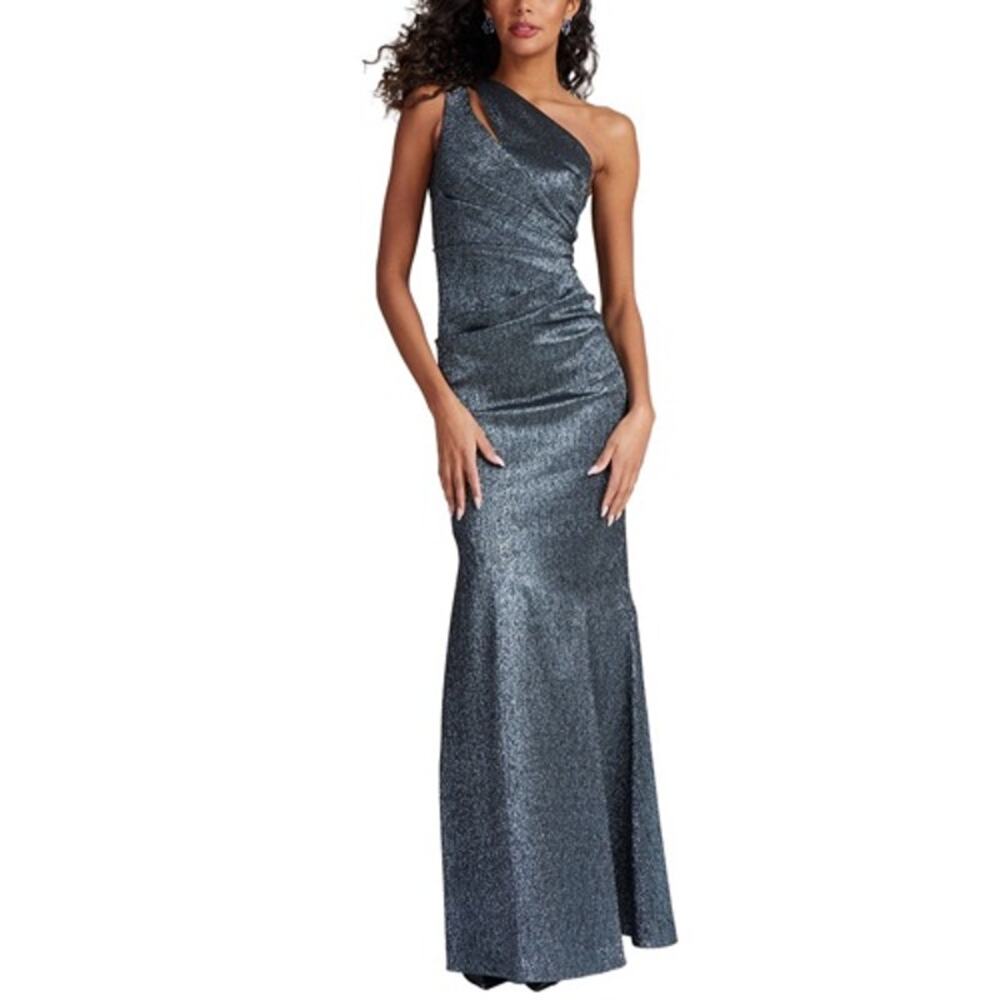 Teri Jon by Rickie Freeman One Shoulder Cut Out Grey Metallic Gown  SZ12 NWT